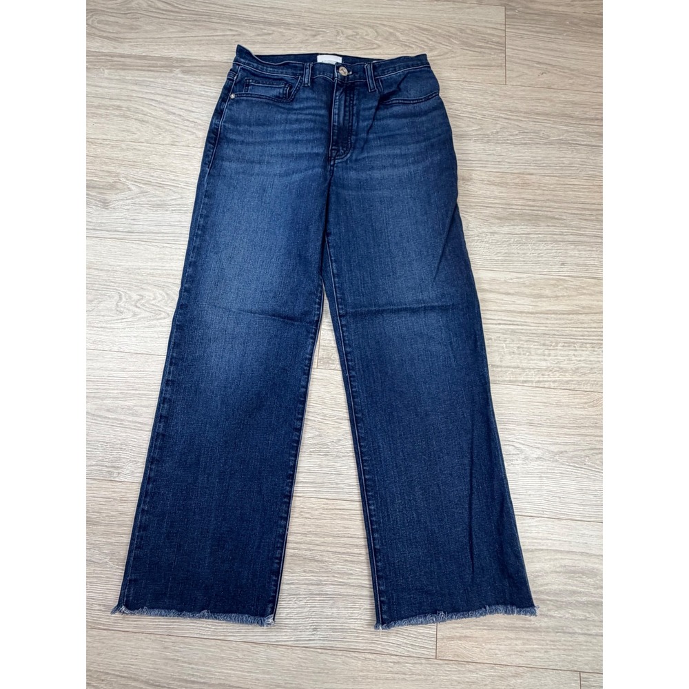 FRAME Le Jane Crop High Rise Wide Leg Jeans Stormy Indigo Raw Hem Size 28
